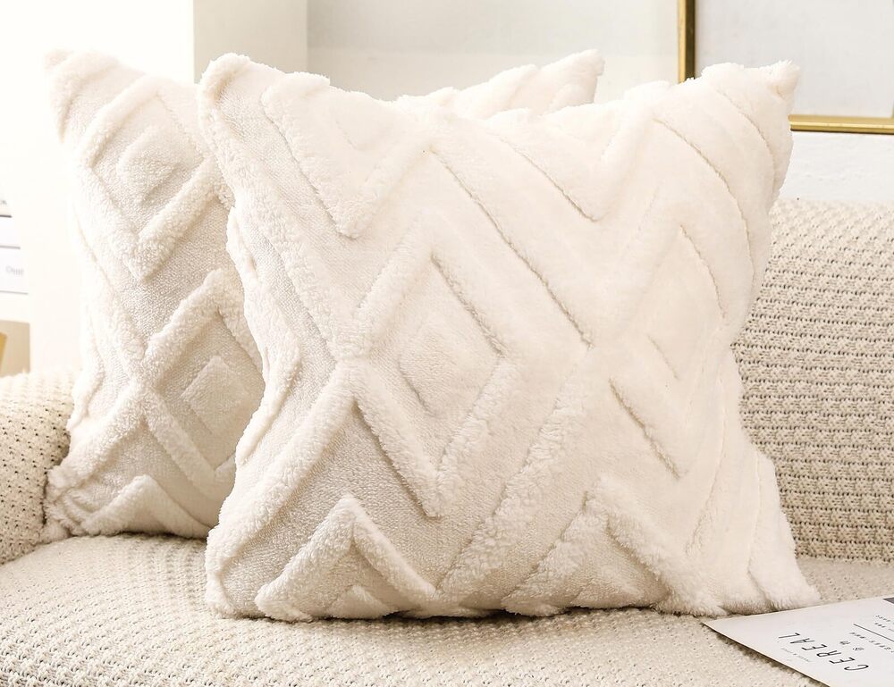 9970 Set of 2 Faux Fur Cream White Throw Pillow Covers 22x22,Soft